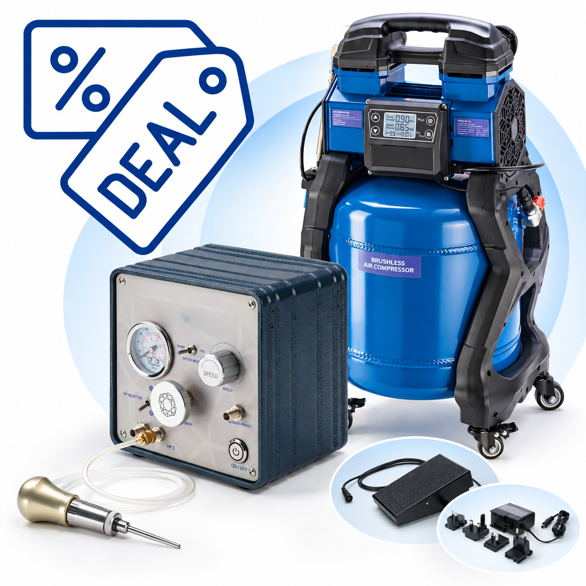 NIQUA 3-in-1 Gravur-Komplettset – SILENCE PRO, Rocket Handstück & 25L Kompressor