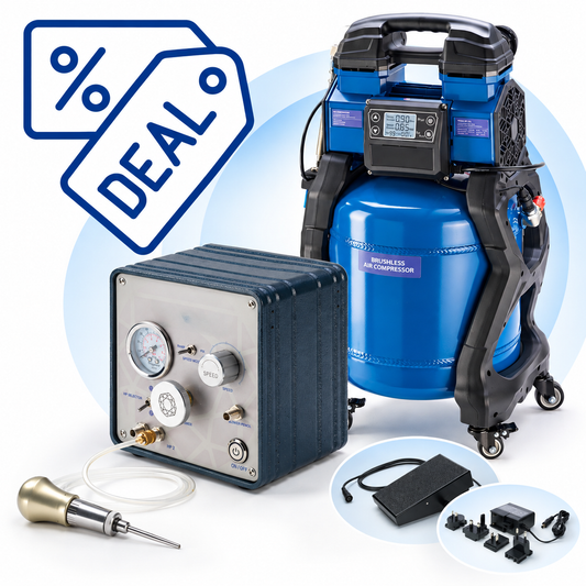 NIQUA 3-in-1 Pneumatic Engraving Kit – SILENCE PRO, Rocket Handpiece & 25L Compressor
