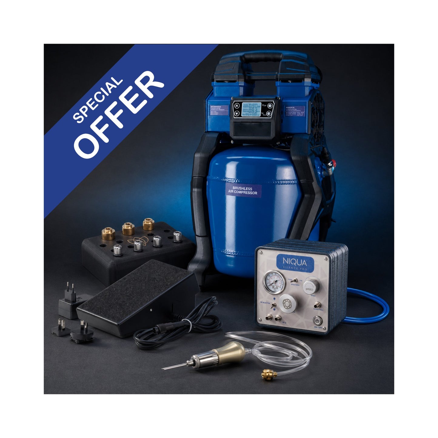 NIQUA 3-in-1 Premium Gravursystem – SILENCE PRO, The Rocket Handstück & Silence Pro 25L Kompressor