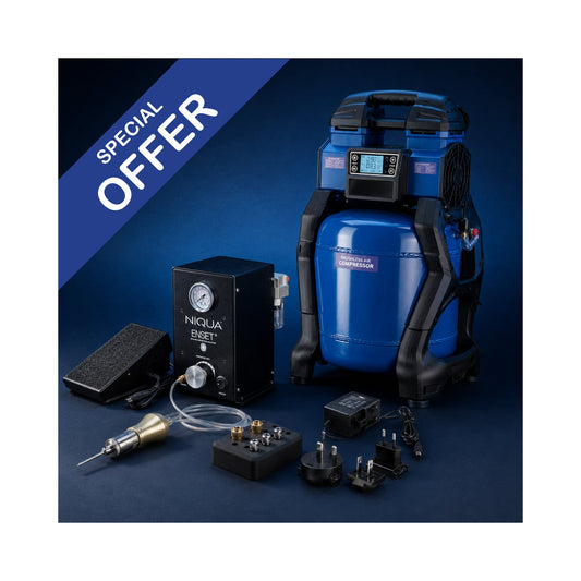 NIQUA 3-in-1 Gravur-Komplettsystem – Enset Compact, The Rocket Handstück & Silence Pro 25L Kompressor