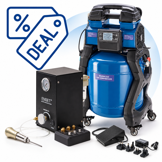 NIQUA 3-in-1 Pneumatic Engraving Kit – Enset Compact, Rocket Handpiece & Silence Pro 25L Compressor